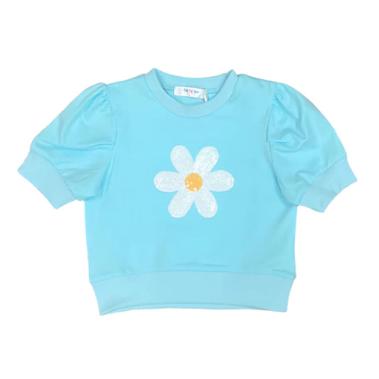 Lulu Bebe Daisy Sequin Puff Sleeve Top Aqua