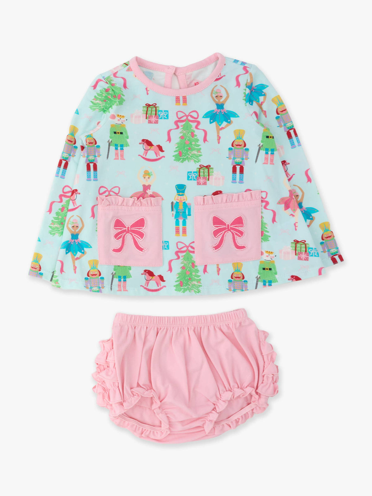 Rufflebutts Nutcracker Christmas Wishes Knit Long Sleeve Applique Pocket Swing Top & Ruffle Bloomer Set