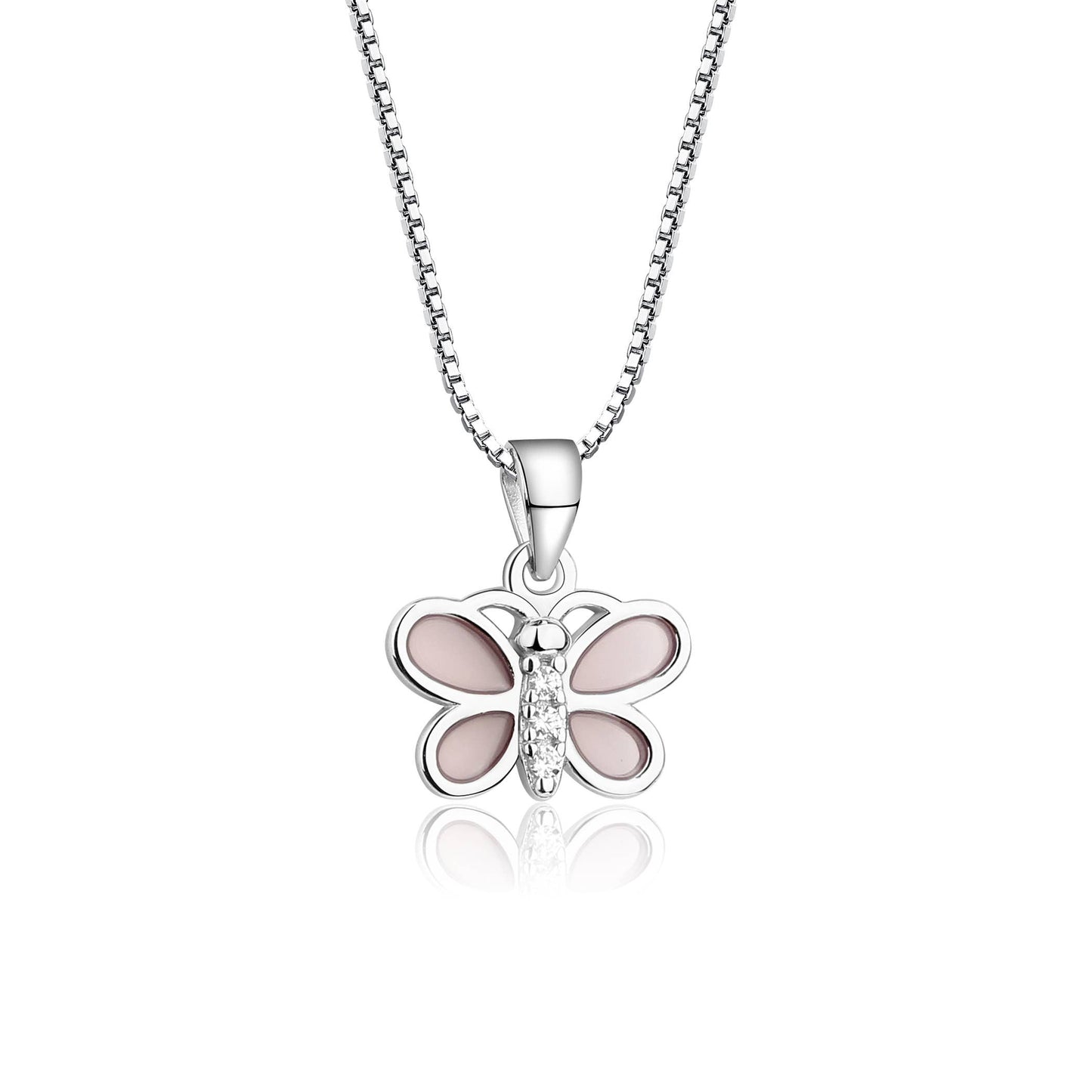 Girls Sterling Silver Pink Butterfly Necklace with CZs
