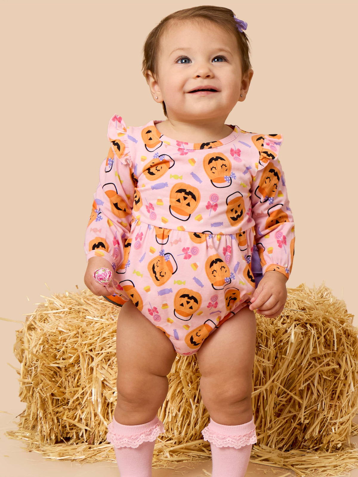 Rufflebutts Pumpkin Boo Crew Knit Long Sleeve Flutter Bubble Romper