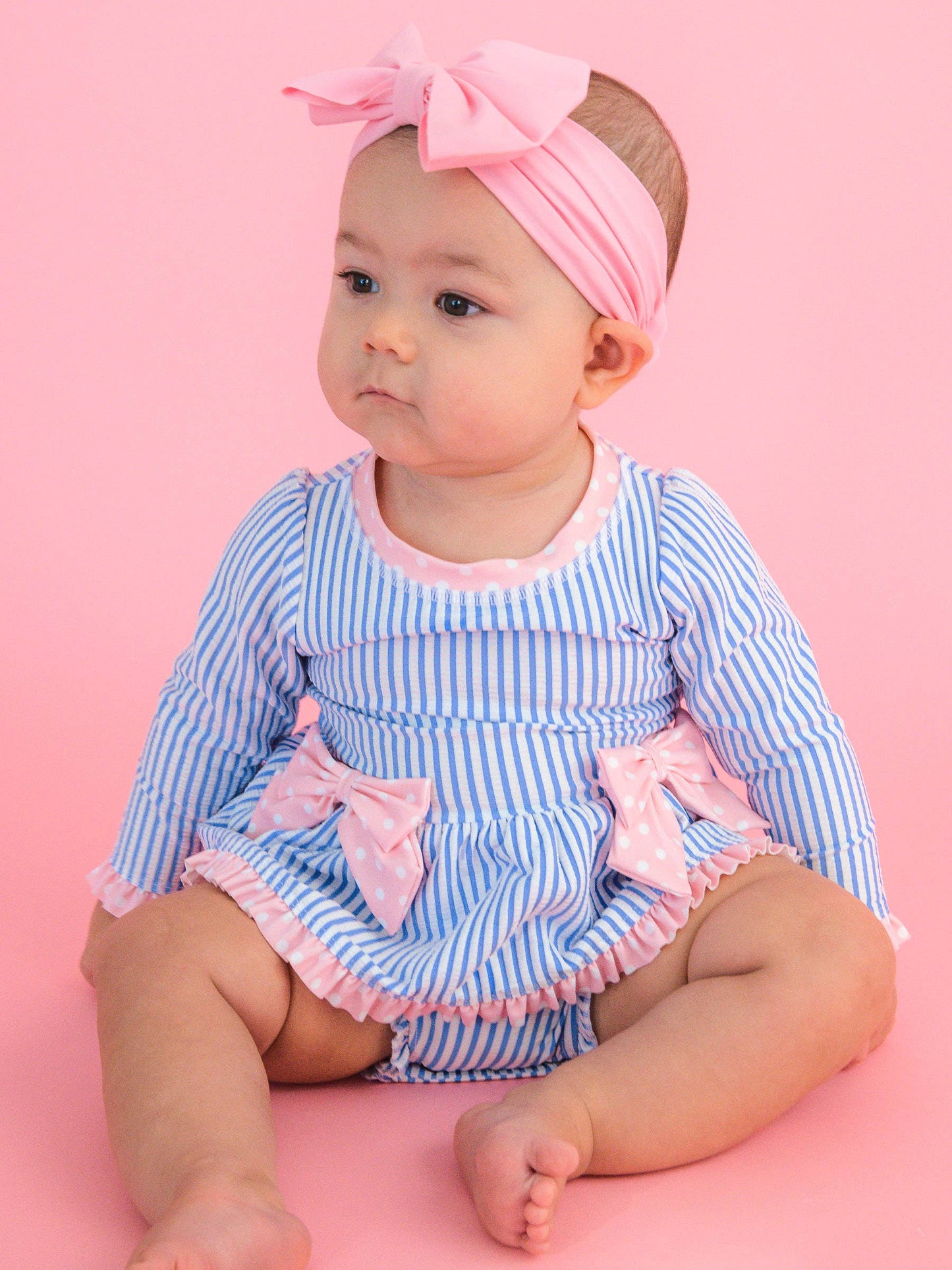Rufflebutts Baby Girls Periwinkle Blue Seersucker Long Sleeve One Piece Bow Peplum Rash Guard Swimsuit with Signature Rear Ruffles