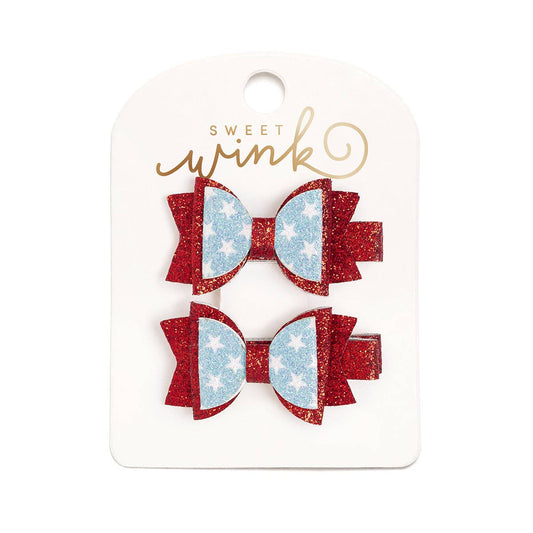 Glitter Flag Bow Clip Set - Fourth of July - Kids Hair Bows