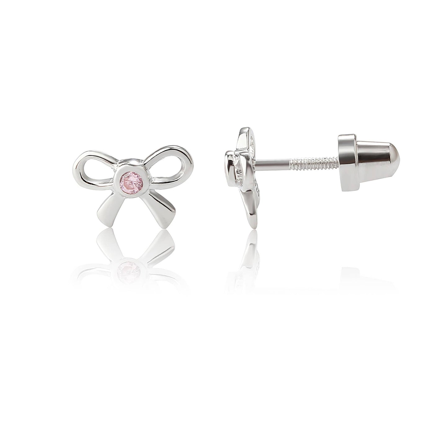 Girls Sterling Silver Pink Bow Screw Back Earrings for Kids