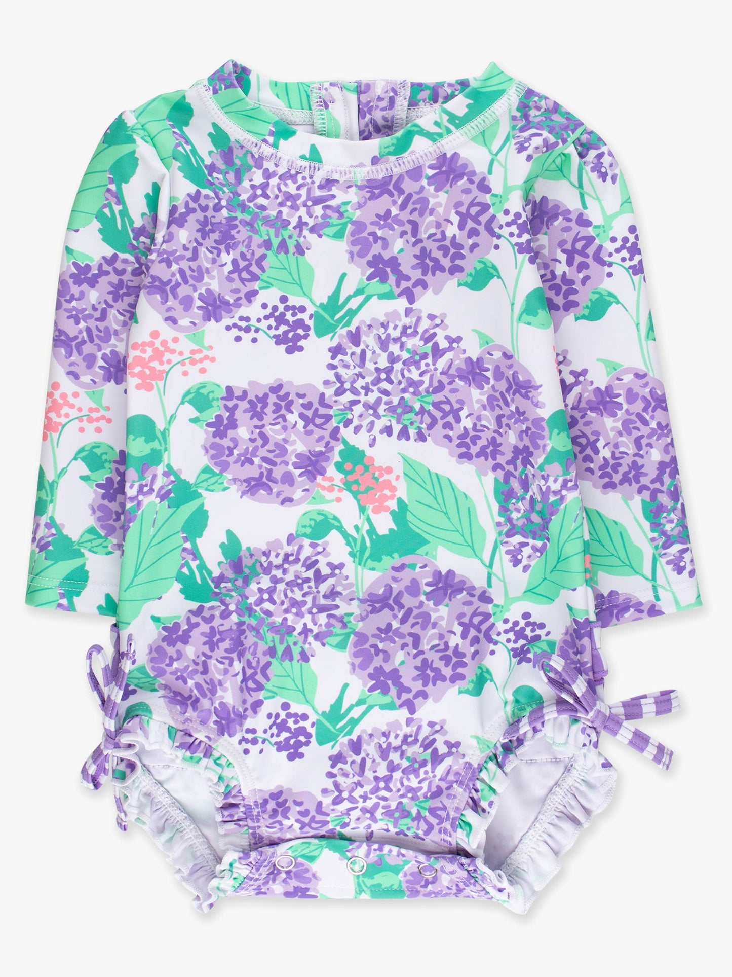 Rufflebutts Baby Girls Purple Hydrangea Garden Long Sleeve One Piece Rash Guard Swimsuit with Signature Rear Ruffles