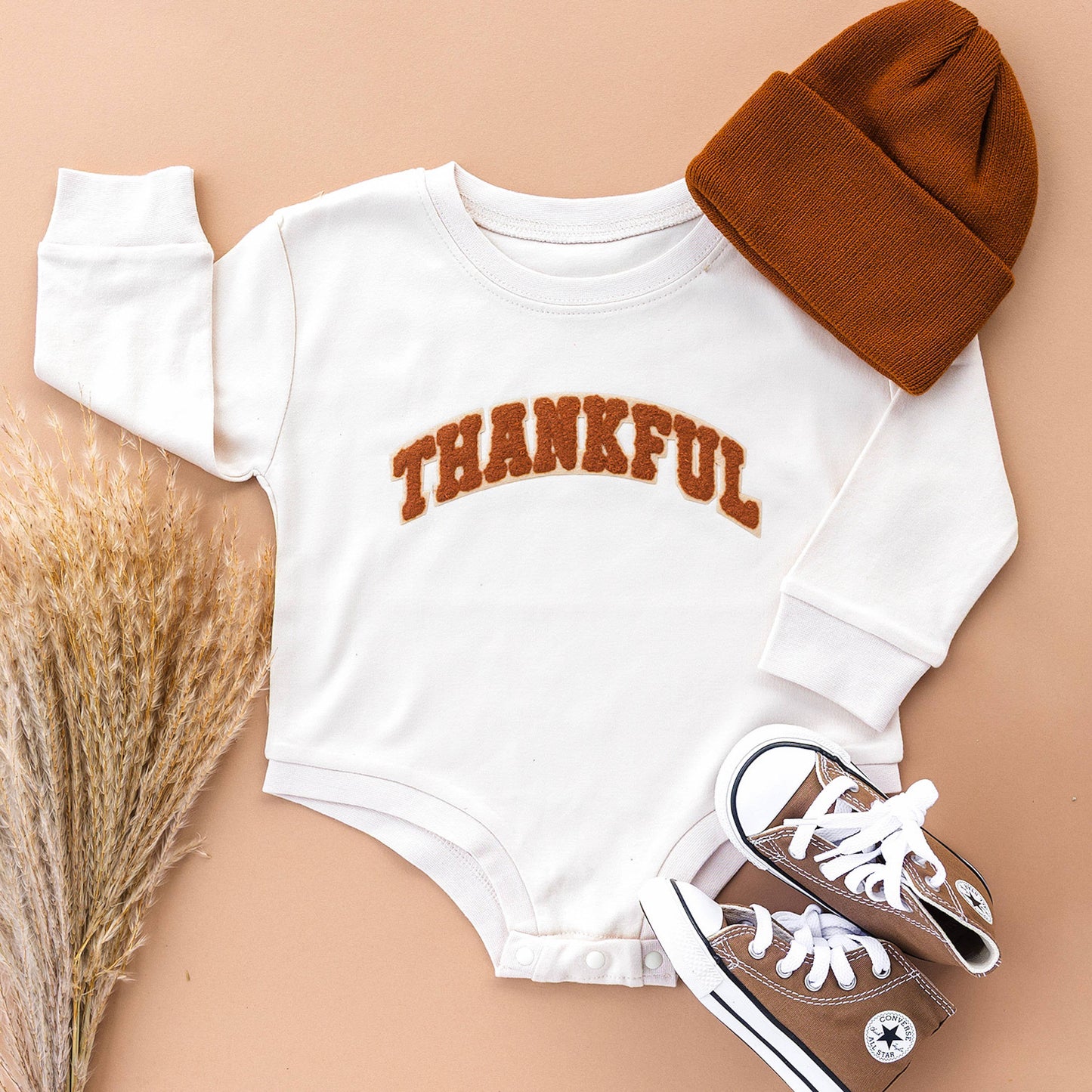 Sweet Wink Thankful Patch Varsity Thanksgiving Long Sleeve Romper Baby