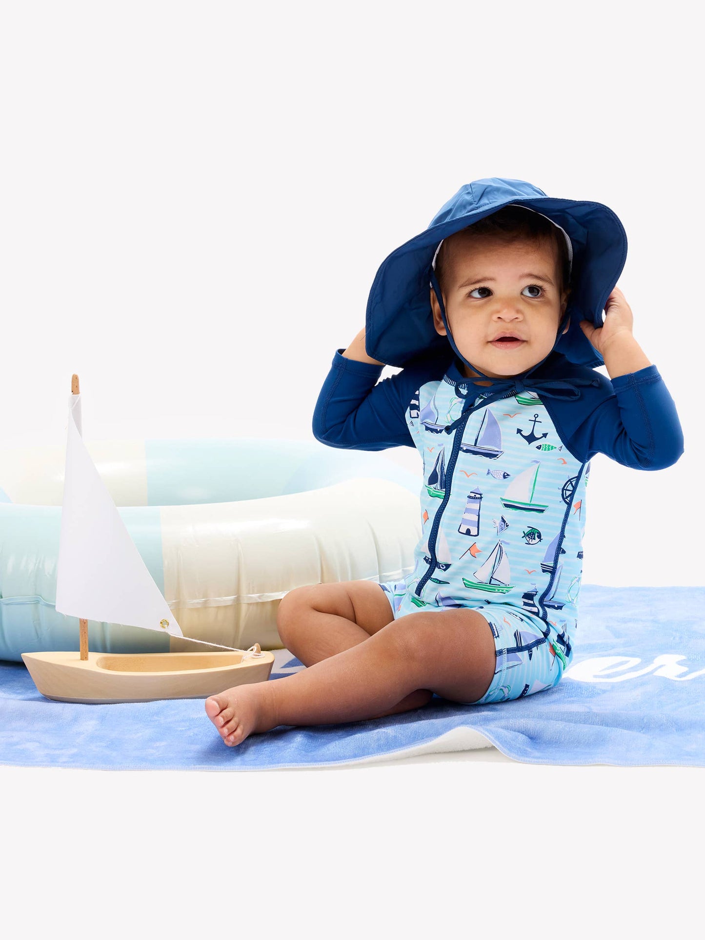 Rufflebutts RuggedButts Baby Boys Blue Sweet Sails Long Sleeve One Piece Rash Guard Swimsuit