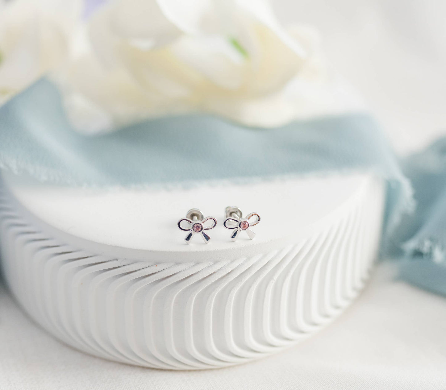 Girls Sterling Silver Pink Bow Screw Back Earrings for Kids