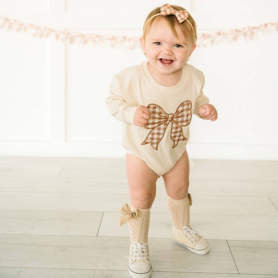 Sweet Wink Gingham Bow Patch Long Sleeve Romper - Baby Clothing - Fall