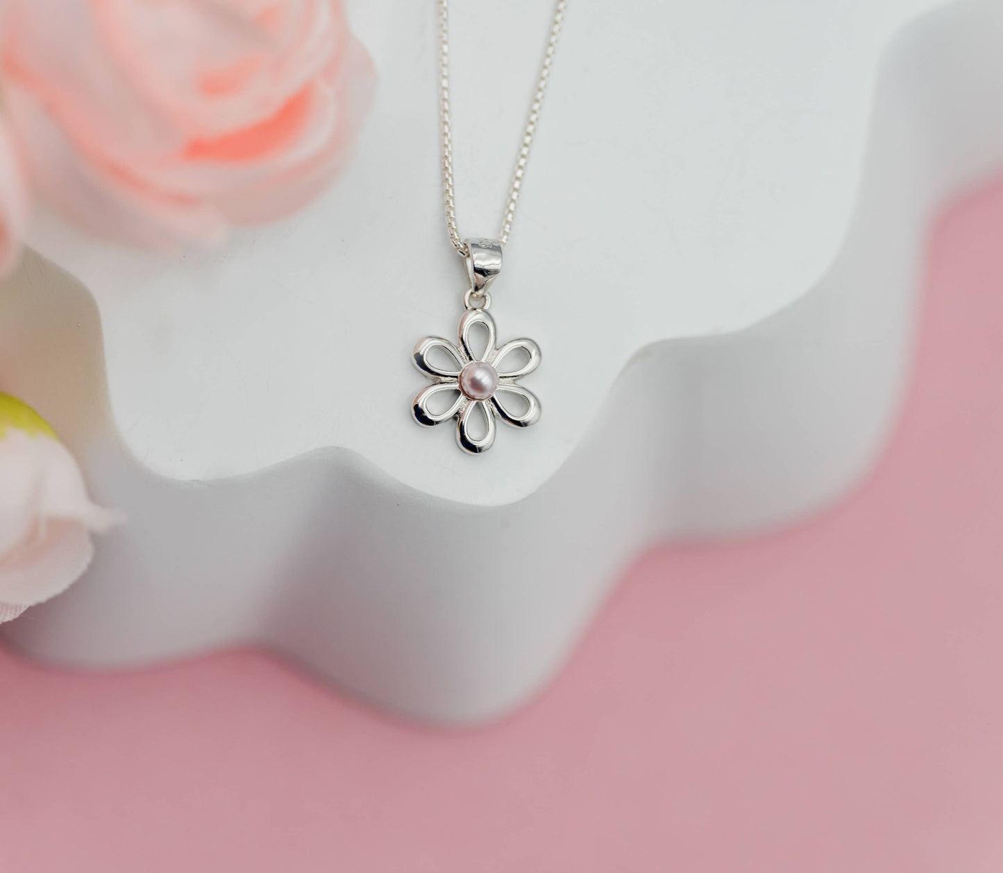 Sterling Silver Girls Pink Pearl Daisy Necklace for Kids