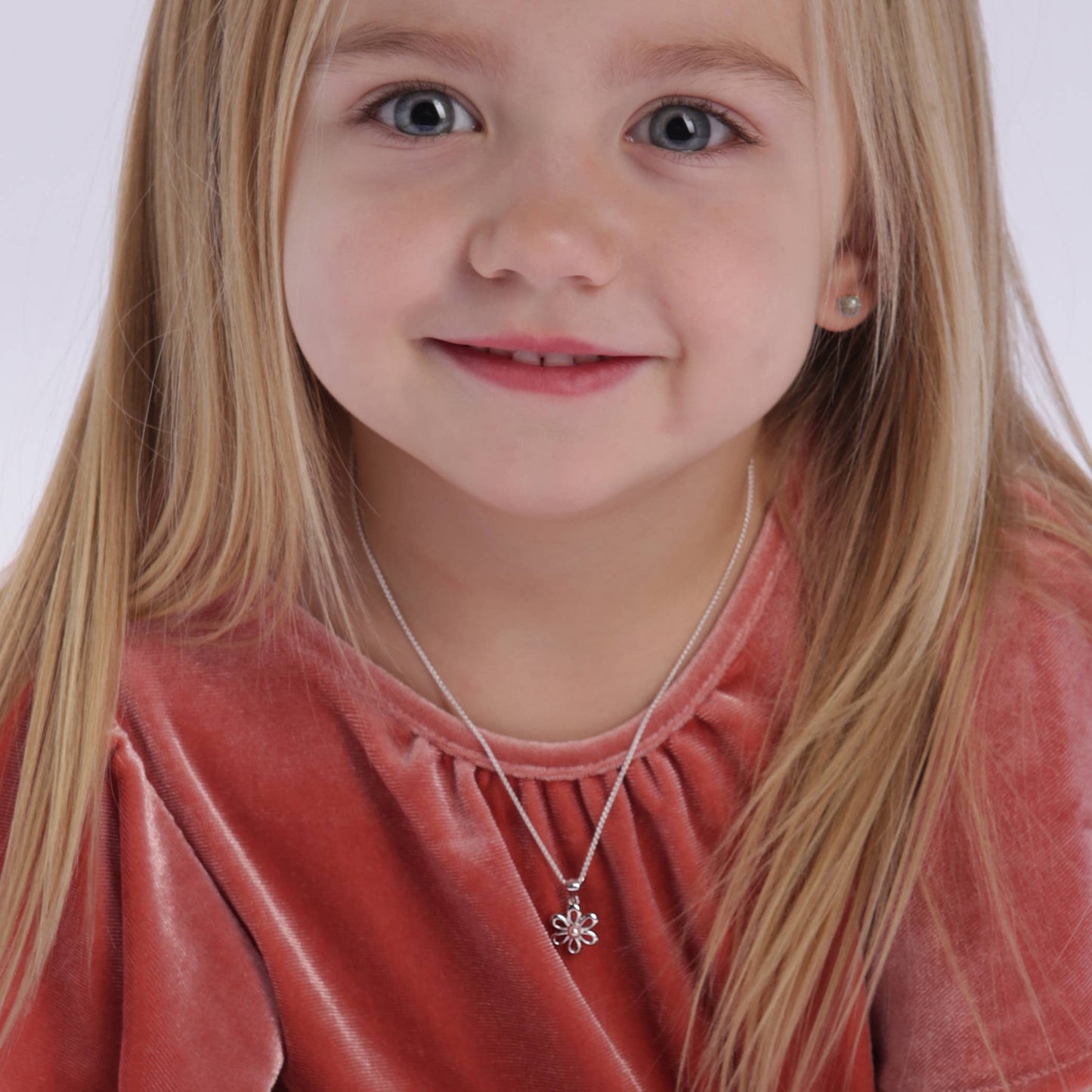 Sterling Silver Girls Pink Pearl Daisy Necklace for Kids