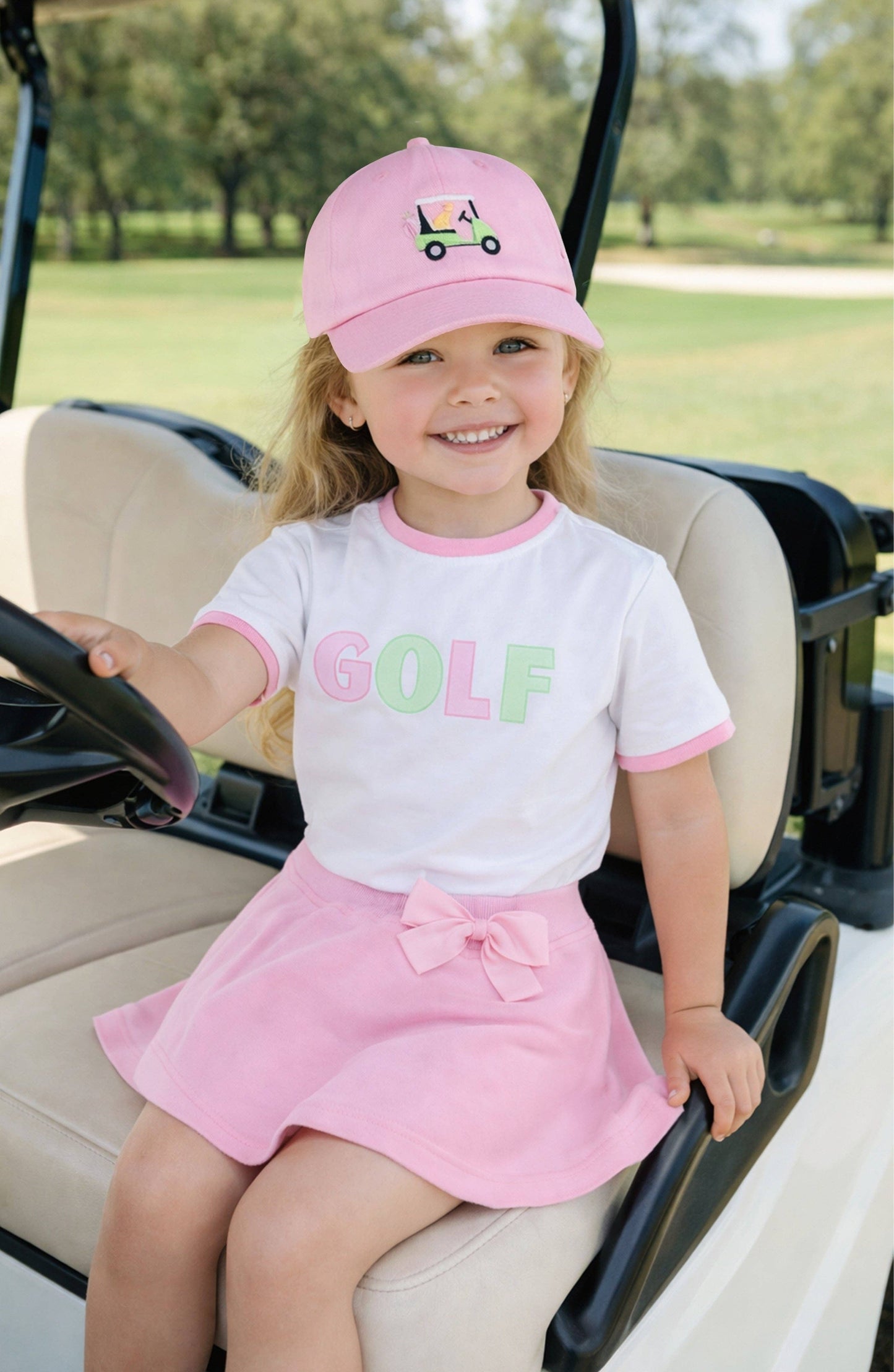 Bits and Bows Dog in Golf Cart Bow Baseball Hat--Pink
