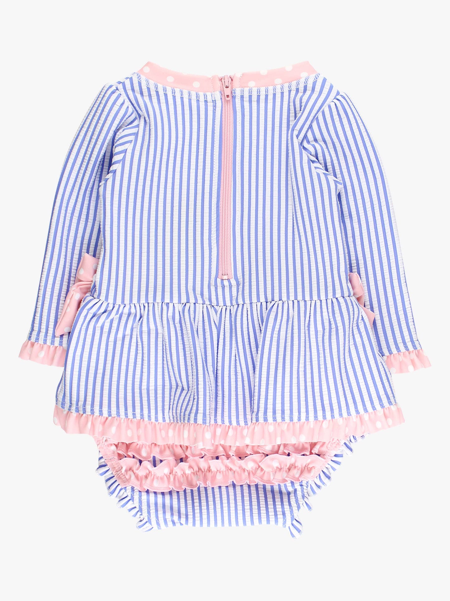 Rufflebutts Baby Girls Periwinkle Blue Seersucker Long Sleeve One Piece Bow Peplum Rash Guard Swimsuit with Signature Rear Ruffles