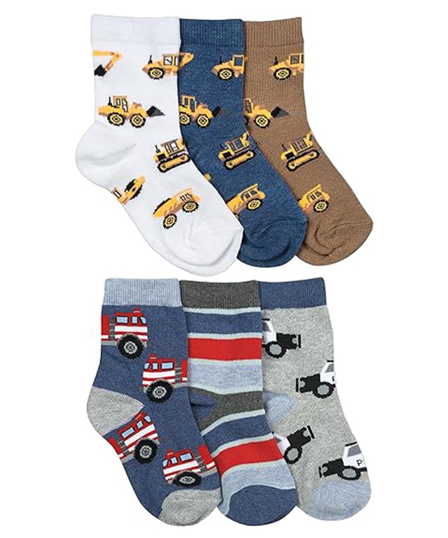 Jefferies Socks Construction Rescue Vehicles Pattern Crew Socks--6 Pair Pack