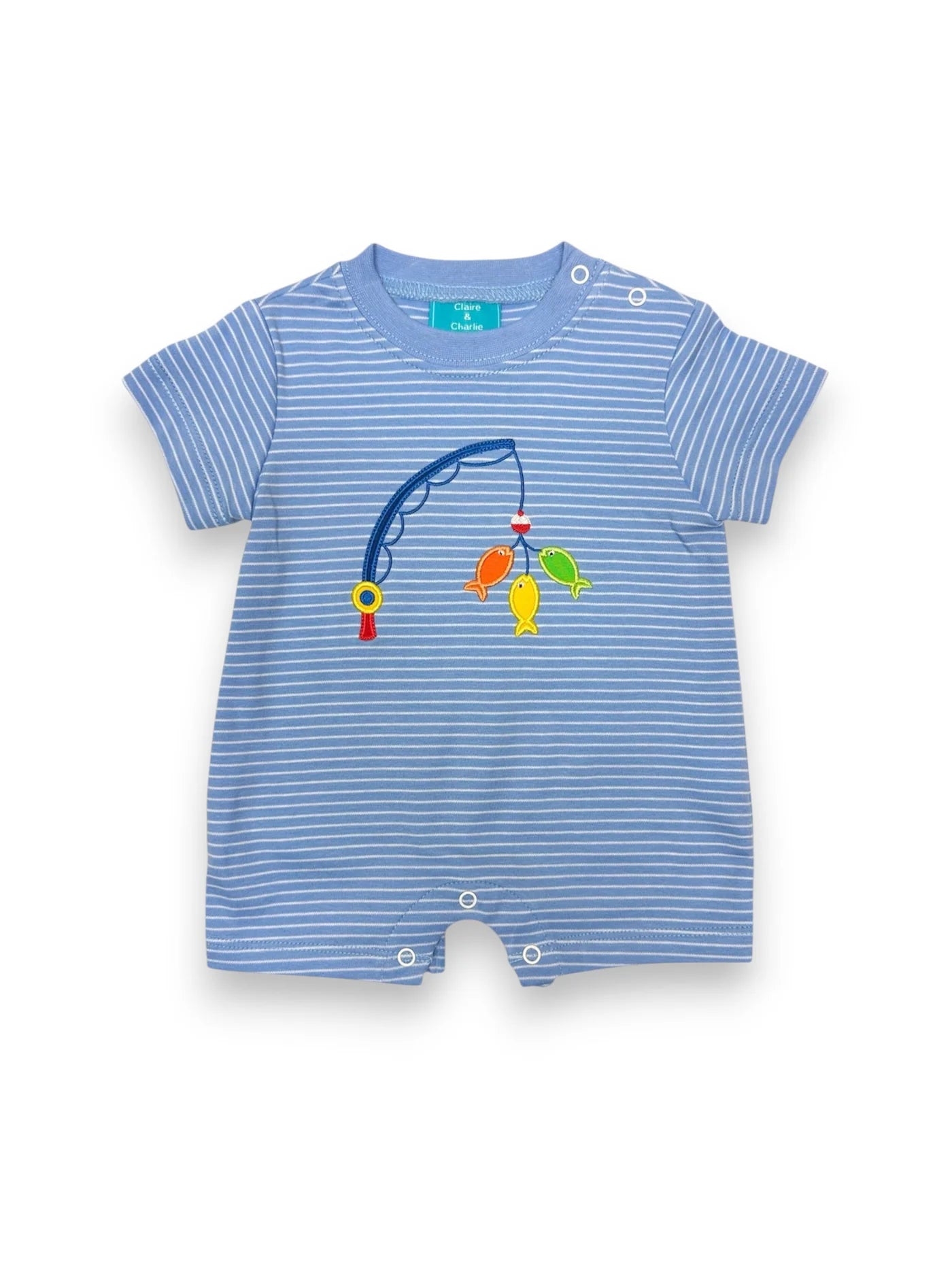 Claire and Charlie Fishing Lures Periwinkle Blue Striped Boy's Romper
