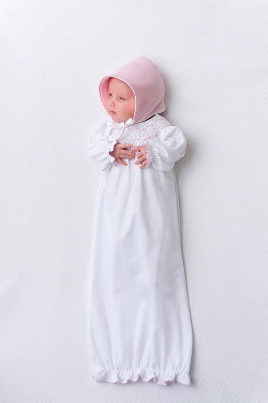 Beaufort Bonnet Sweetly Smocked Greeting Gown Worth Avenue White with Palm Beach Pink