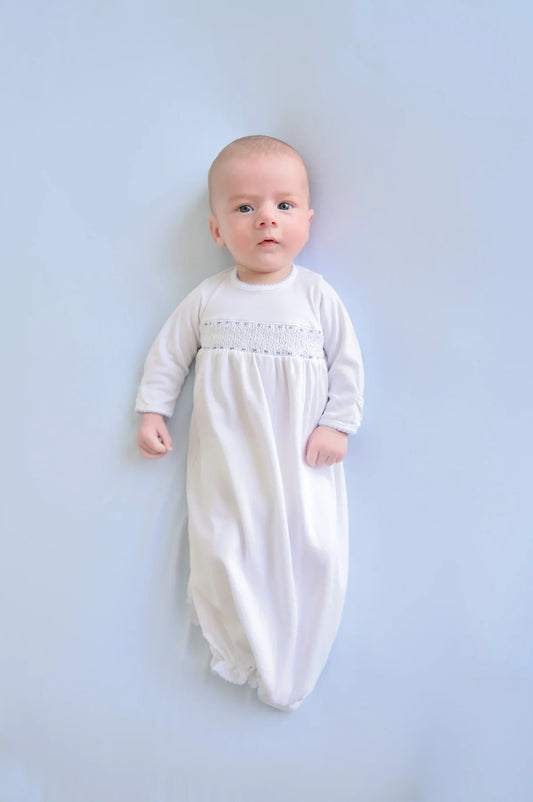 Beaufort Bonnet Sweetly Smocked Greeting Gown Worth Avenue White with Buckhead Blue