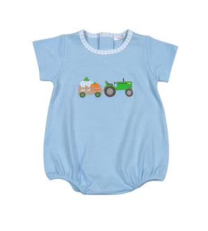 Baby Loren Tractors and Pumpkins Pima Applique Bubble--Blue