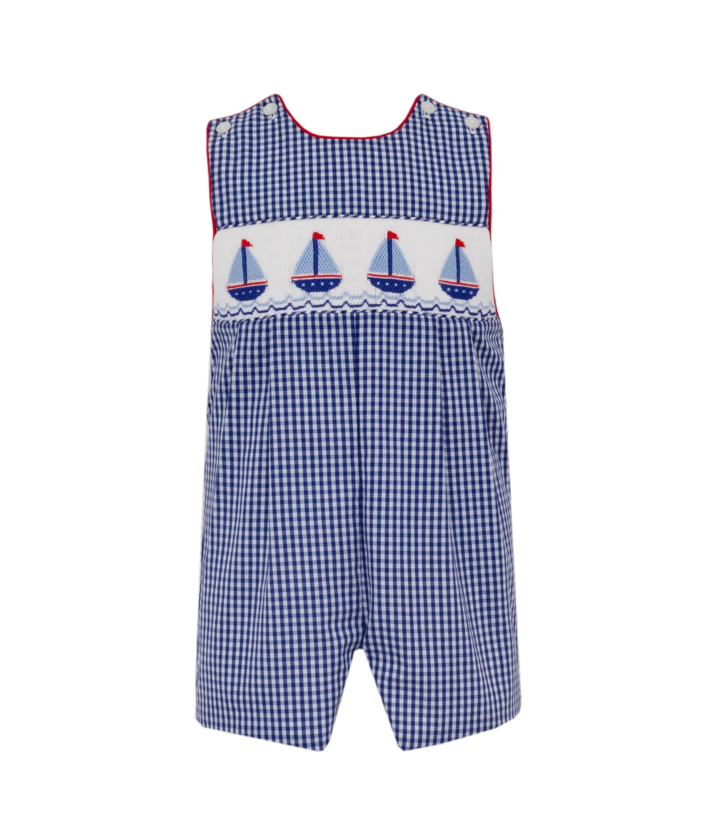 Anavini Sailboats Boy's Navy Blue Gingham Smocked Jon Jon