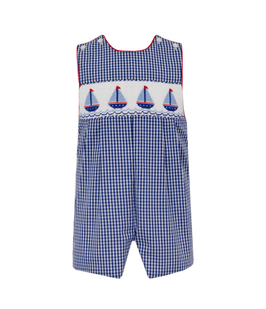 Anavini Sailboats Boy's Navy Blue Gingham Smocked Jon Jon