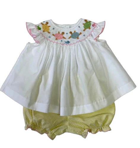 Lulu Bebe Emma Smocked Sea Turtle Bishop Bloomer Set