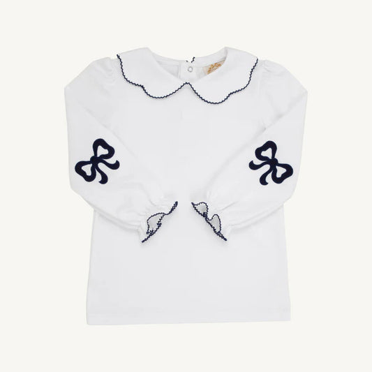 Beaufort Bonnet Emma's Elbow Patch Top--Worth Avenue White with Nantucket Navy Bows
