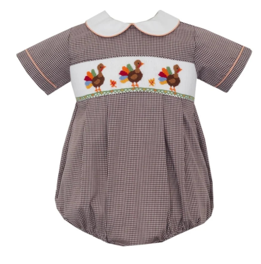 Anavini Brown Gingham Smocked Turkey Boy's Bubble