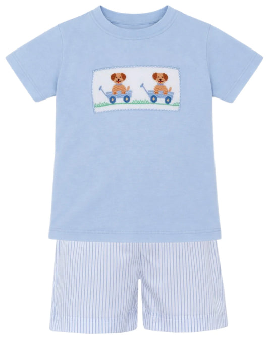 Anavini Blue Knit Boy's T-Shirt and Short Set with Puppy Smocking