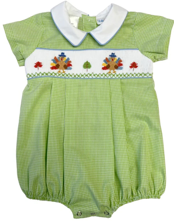 LuLu BeBe Blake Smocked Turkey Pleated Boy Bubble with Peter Pan Collar