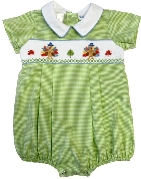 LuLu BeBe Blake Smocked Turkey Pleated Boy Bubble with Peter Pan Collar