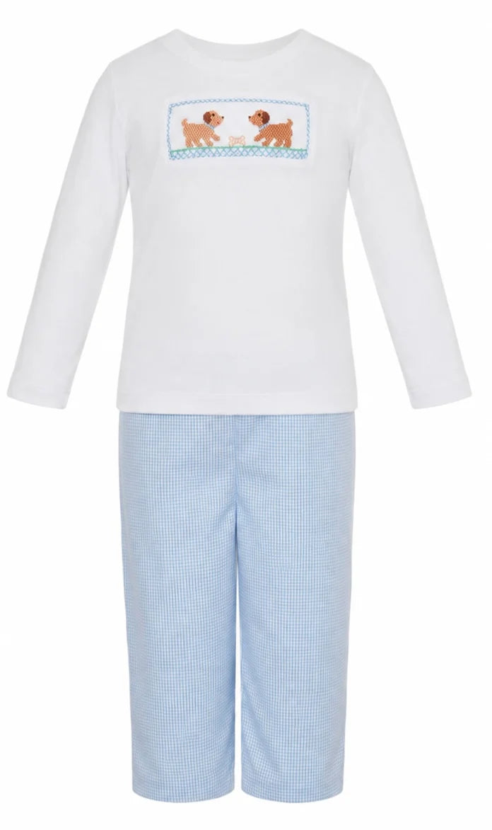 Petit Bebe Smocked Puppies Boys Light Blue Check Pant Set