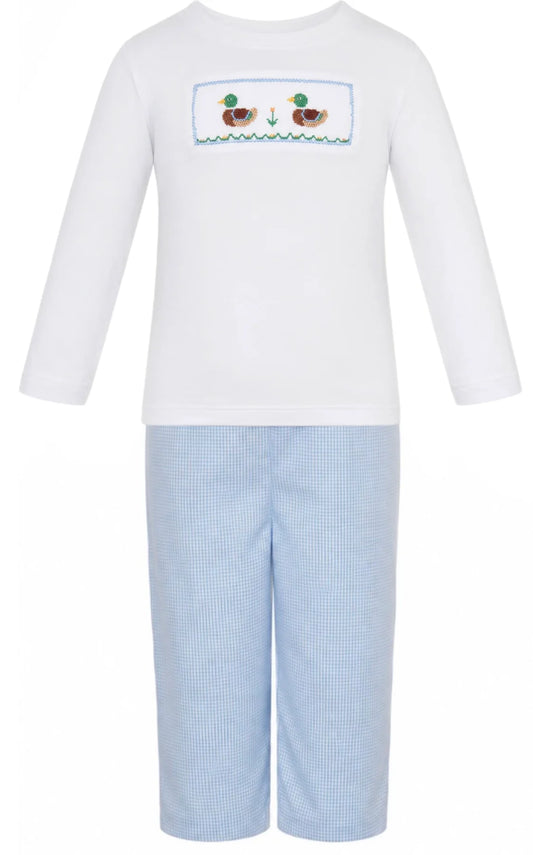 Petit Bebe Mallard Duck Boy's White Long Sleeve T-Shirt and Pant Set