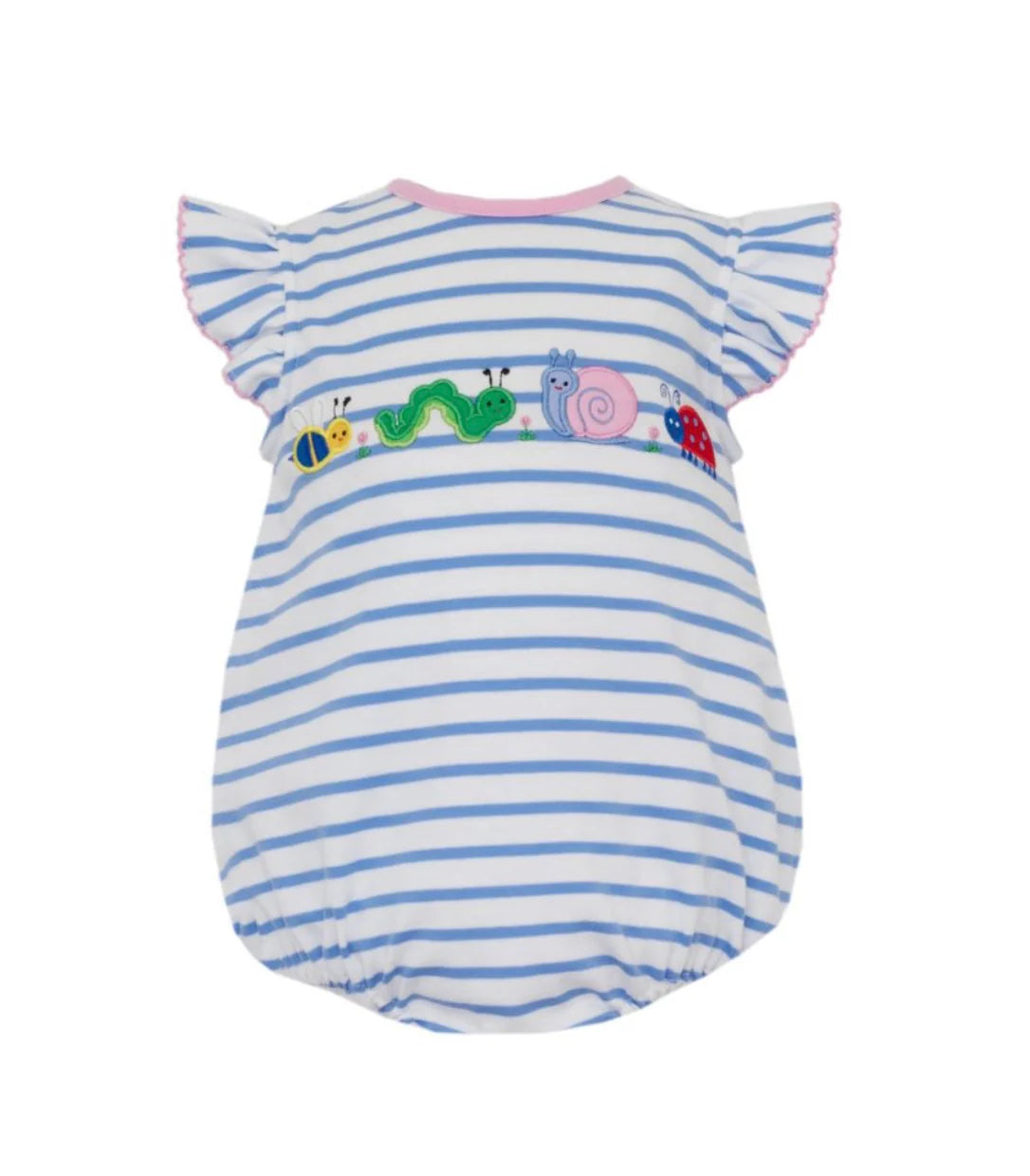 Claire & Charlie Backyard Bugs Blue Knit Stripe Bubble with Ruffle Sleeves