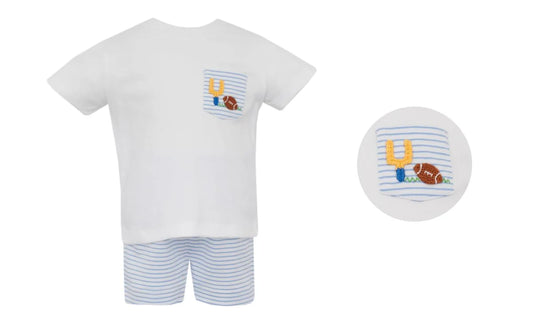 Petit Bebe Blue Stripe Knit Football Short Set