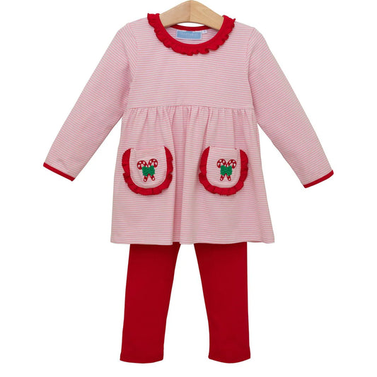 Trotter Street Candy Cane Embroidery Ruffle Pants Set