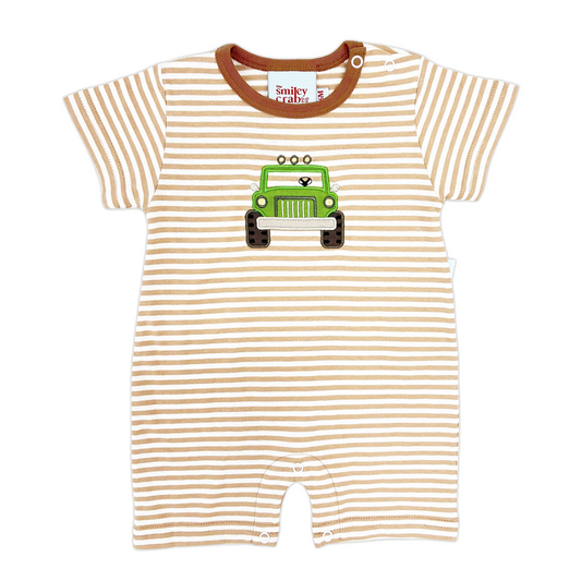 The Smiley Crab Khaki Striped Green Jeep Off Road Romper