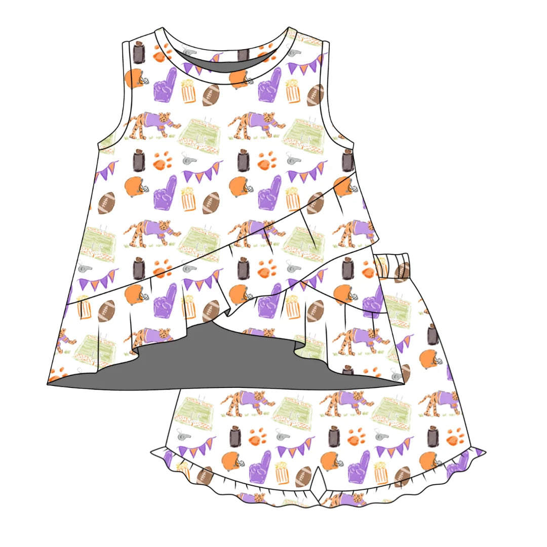 Three Little Ducks Rosie Ruffle Top with Sadie Claire Shorts--Game Day Tiger Paws