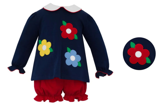 Claire and Charlie Navy Blue Knit Flowers Bloomer Set
