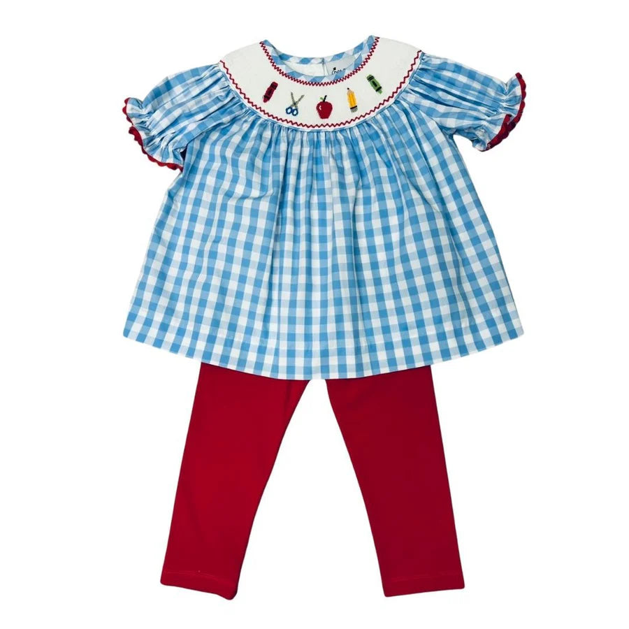 Delaney Blue Check Smocked Back to School Bishop Legging Set