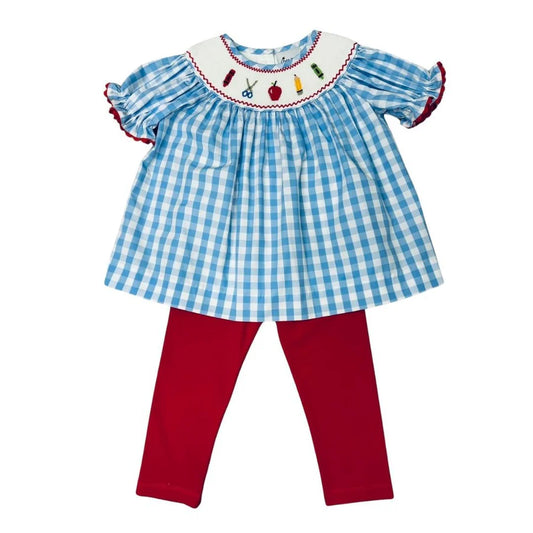 Delaney Blue Check Smocked Back to School Bishop Legging Set