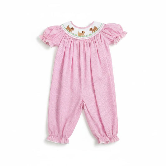 Petit Bebe Puppies Girls Pink Check Bishop Long Bubble