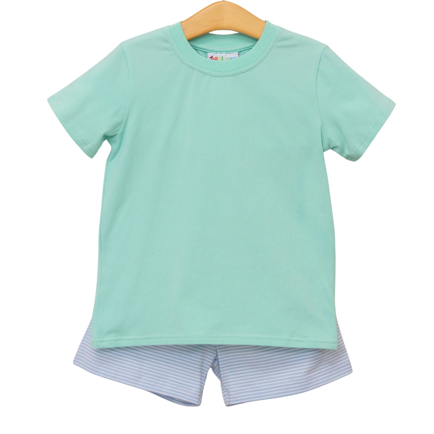 Jellybean by Smocked Candy Drew Short Set- Mint and Light Blue Stripe