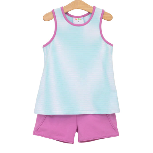Jellybean by Smock Candy Abby Bow Back Short Set- Aqua Stripe and Fuchsia