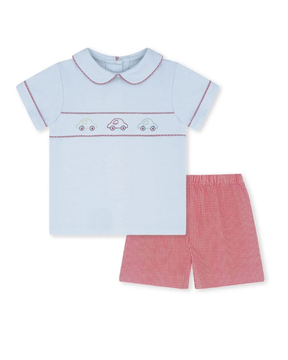 Lullaby Set Carson Short Set--Blue, Red Gingham, Cars