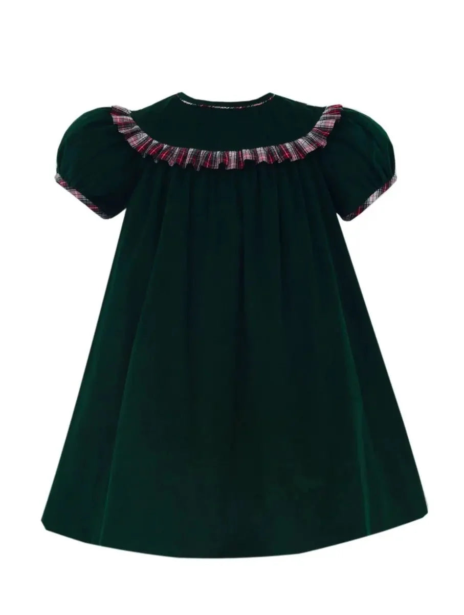 Claire and Charlie Green Corduroy Float with Red & White Plaid Ruffle