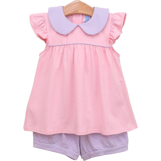 Trotter Street Genevieve Banded Short Set- Lavender Stripe/Light Pink