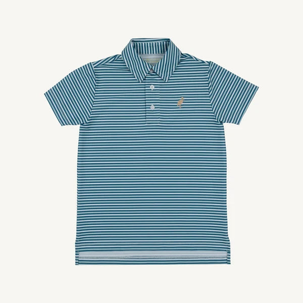 Beaufort Bonnet Prepletic Prim and Proper Polo--Sumner County Stripe (Barnsley Blue) with Keeneland Khaki Stork