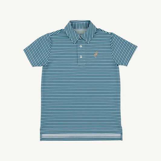 Beaufort Bonnet Prepletic Prim and Proper Polo--Sumner County Stripe (Barnsley Blue) with Keeneland Khaki Stork