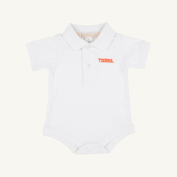 Beaufort Bonnet Clemson Prim and Proper Polo Onesie--Worth Avenue White