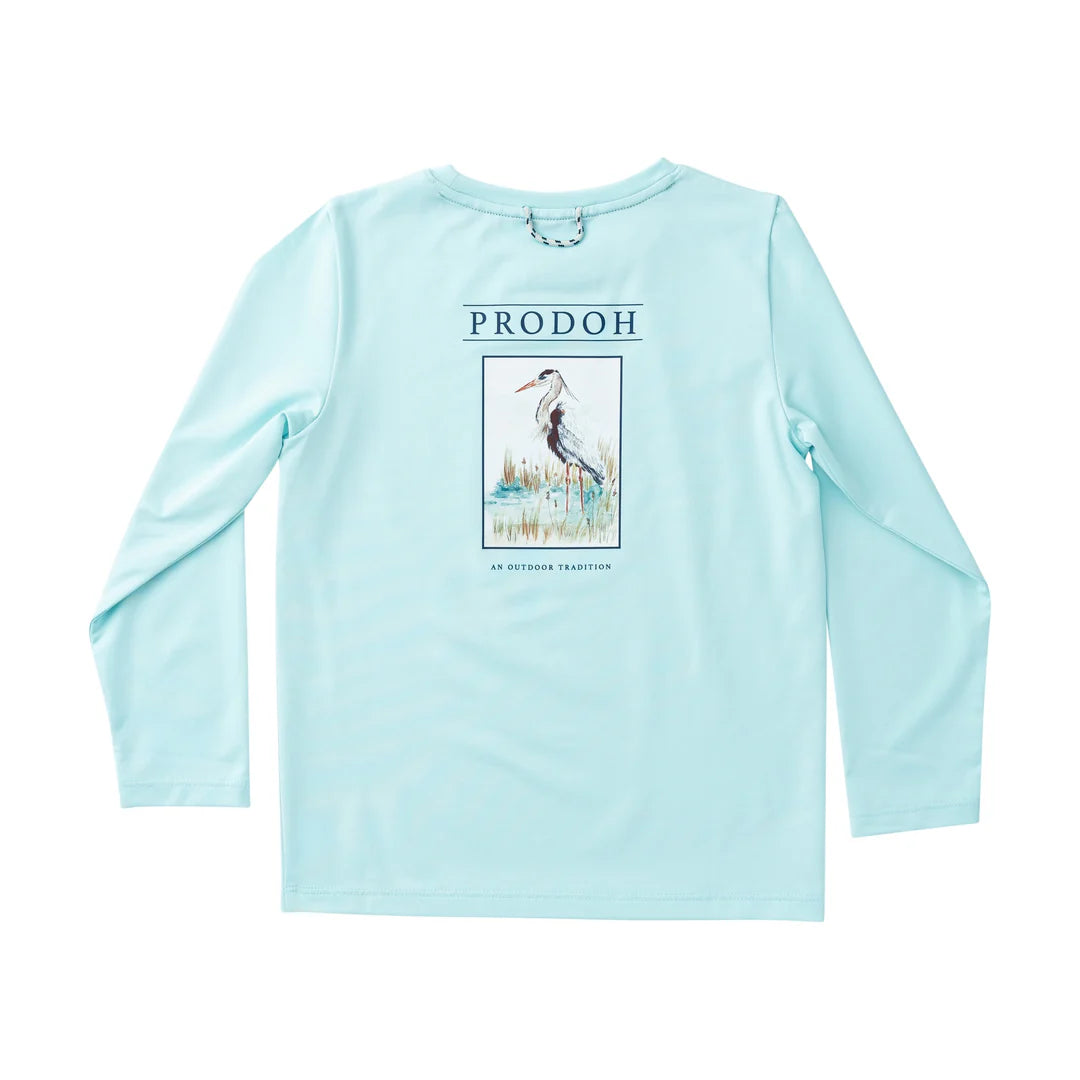 Prodoh Kids Pro Performance Long  Sleeve T-Shirt--Aruba Blue--Great Blue Heron