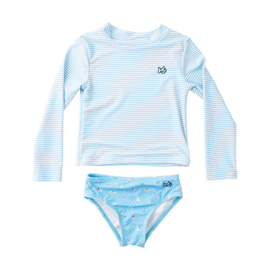 Prodoh Girls Reef  Rashguard Swim Set-The Coast Thin Stripe / Boats in the Bay Print